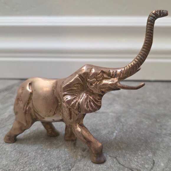 vintage Brass Elephant Figure African Elephant Trunk Up Good Luck Statue 5" - Picture 3 of 8